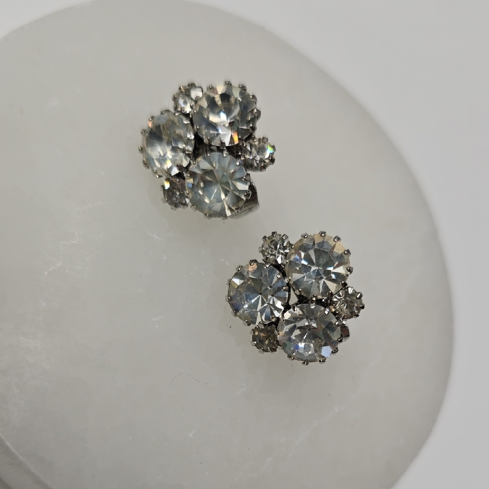Vintage Silver Rhinestone Cluster Earrings